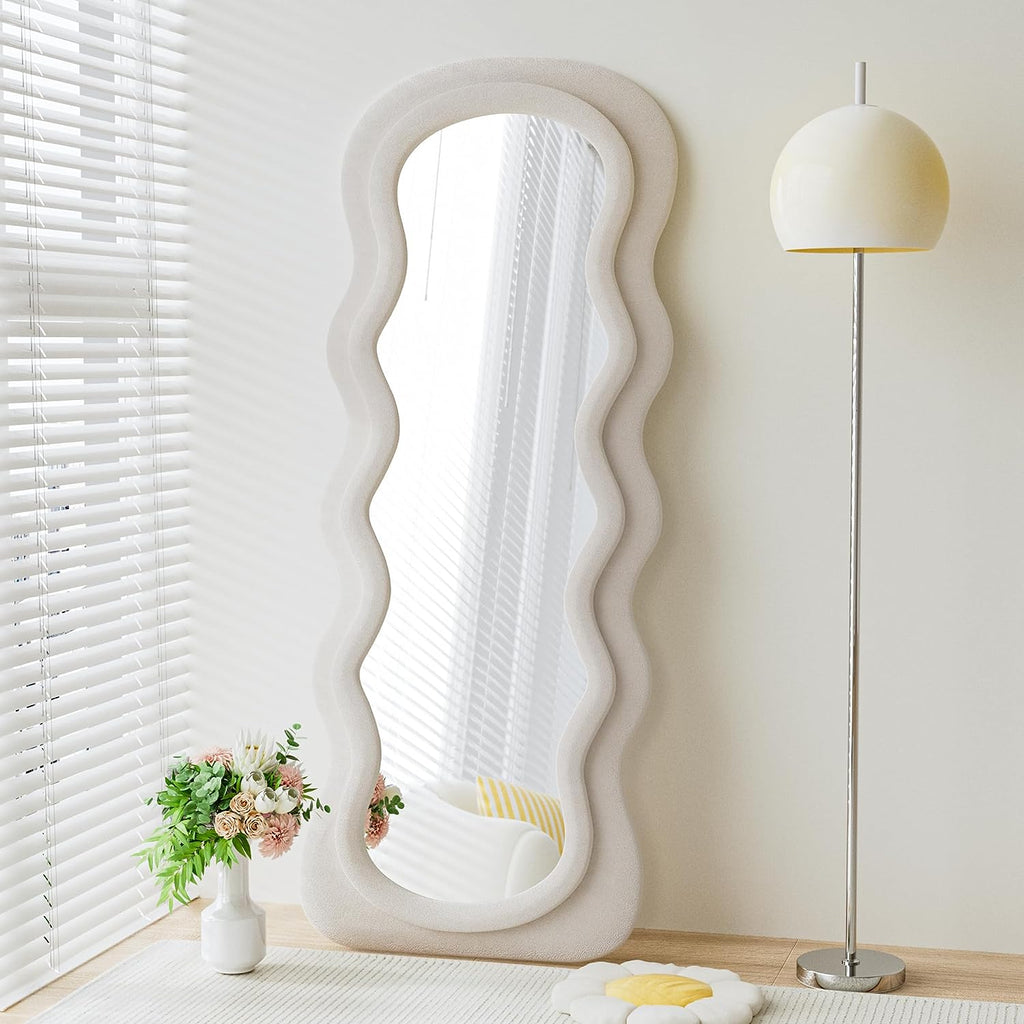 Full Length Mirror, 63" X 24"Irregular Wavy Mirror, Large Floor Length Mirrors Wall Mounted, Standing Wavy Mirrors with Flannel Wrapped Wooden Frame for Bedroom/Living Room, White
