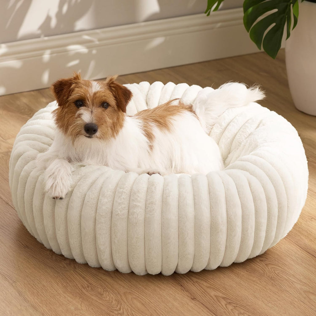 Donut Small Dog Bed - Dog Beds for Small Dogs with Corduroy Fleece & anti Slip Bottom, round Faux Fur Pet Beds with Washable Removable Cover, Cream, 27X27X8 Inches