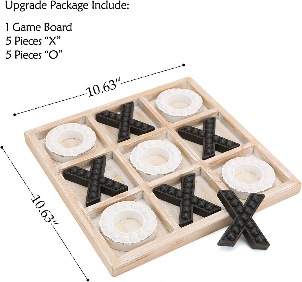 Tic Tac Toe Game Coffee Table Decor, 10.6 Inch Rustic Wooden Board, Black & White