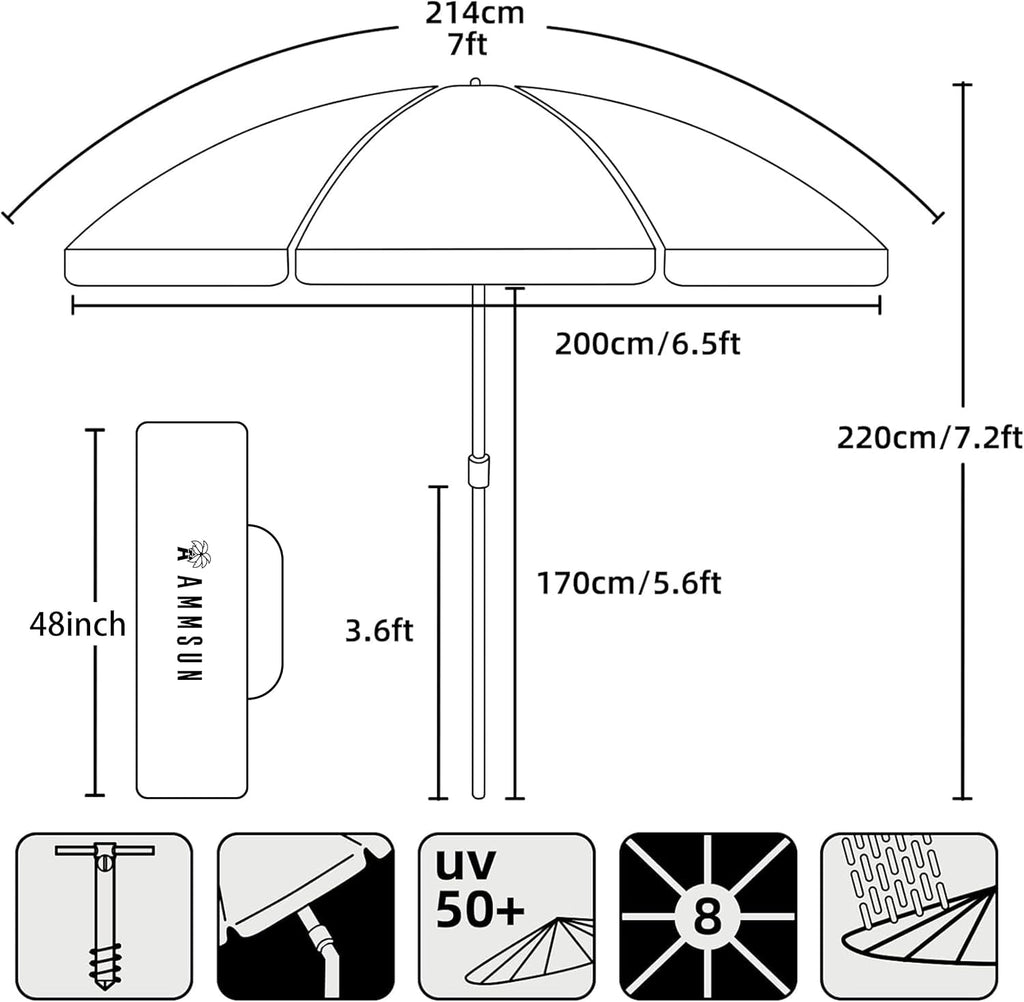 7Ft Heavy Duty High Wind Beach Umbrella Parasols with Sand Anchor & Tilt Sun Shelter, UV 50+ Protection Outdoor Sunshade Umbrellas Carry Bag for Patio Garden Pool Backyard Stripe Blue