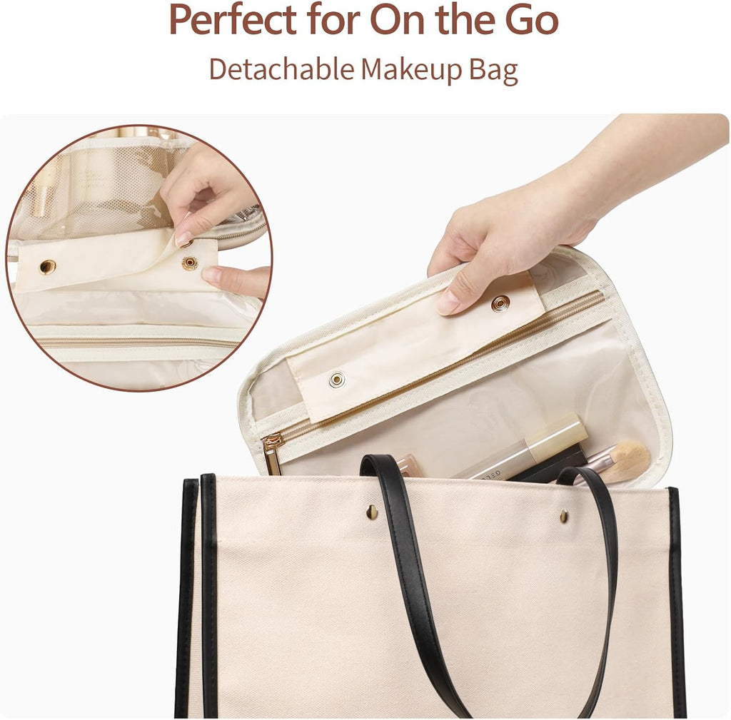 Hanging Travel Toiletry Bag for Women - Plaid Leather Travel Makeup Bag with Detachable Organizer, Waterproof Cosmetic Bag for Full-Sized Toiletries Fit Shower Bathroom Cruise, Off-White (M)