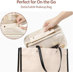 Hanging Travel Toiletry Bag for Women - Plaid Leather Travel Makeup Bag with Detachable Organizer, Waterproof Cosmetic Bag for Full-Sized Toiletries Fit Shower Bathroom Cruise, Off-White (M)