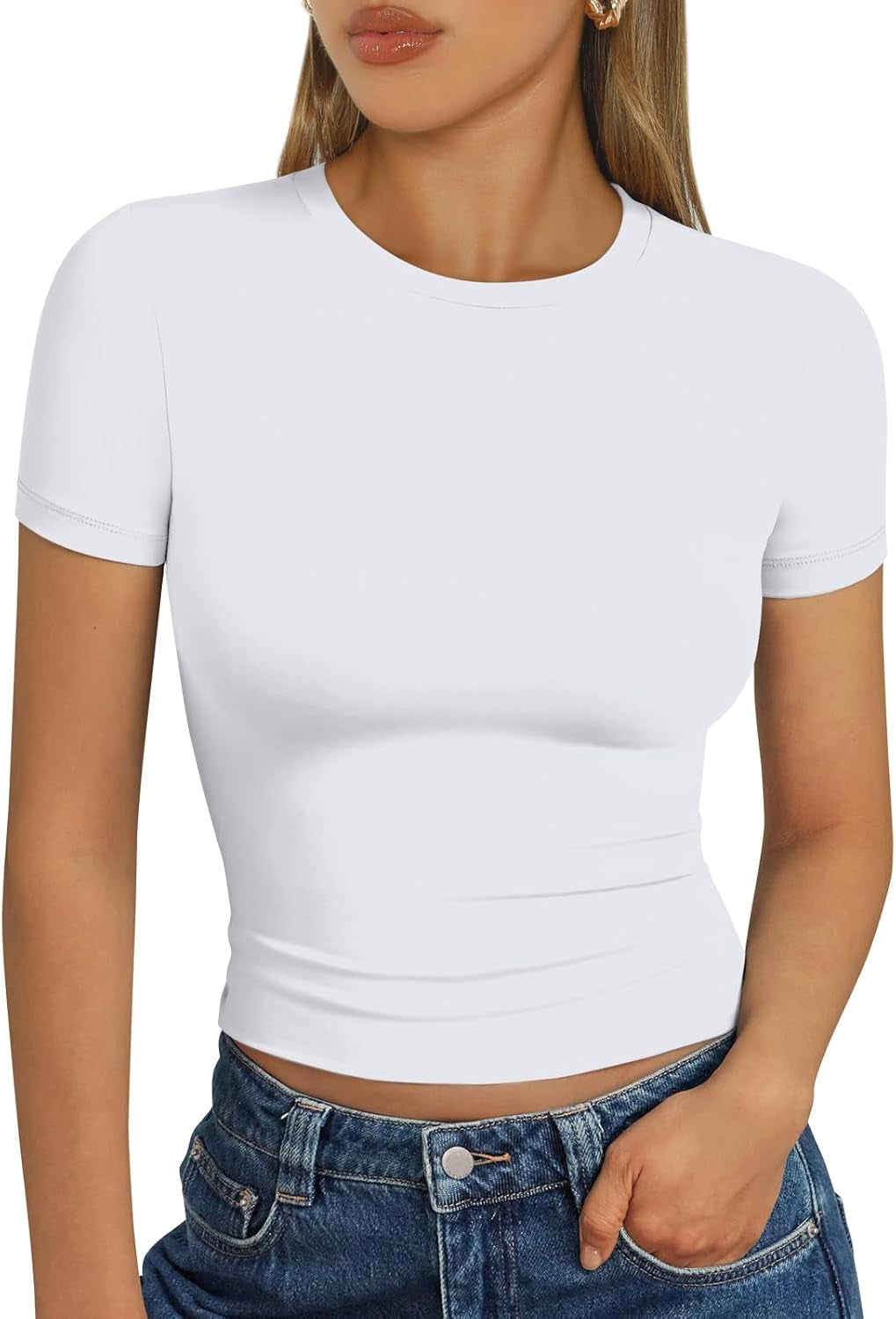 Womens Short Sleeve T Shirts Summer Crop Tops Basic Slim Fit Gym Workout Y2K Clothes