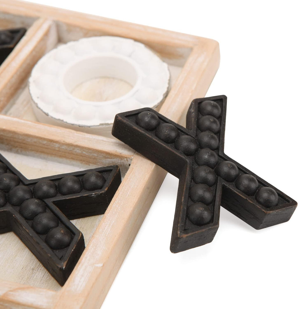 Tic Tac Toe Game Coffee Table Decor, 10.6 Inch Rustic Wooden Board, Black & White