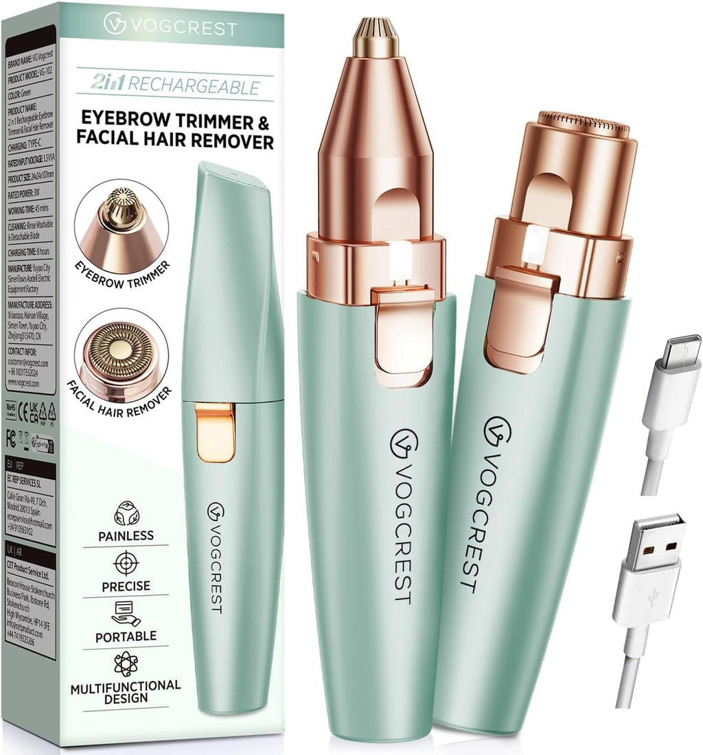 Eyebrow Facial Trimmer: 2 In1 Rechargeable Facial Hair Removal and Eyebrow Shaver - Face Lips Body Painless Facial Razor with Built-In LED Light (White)