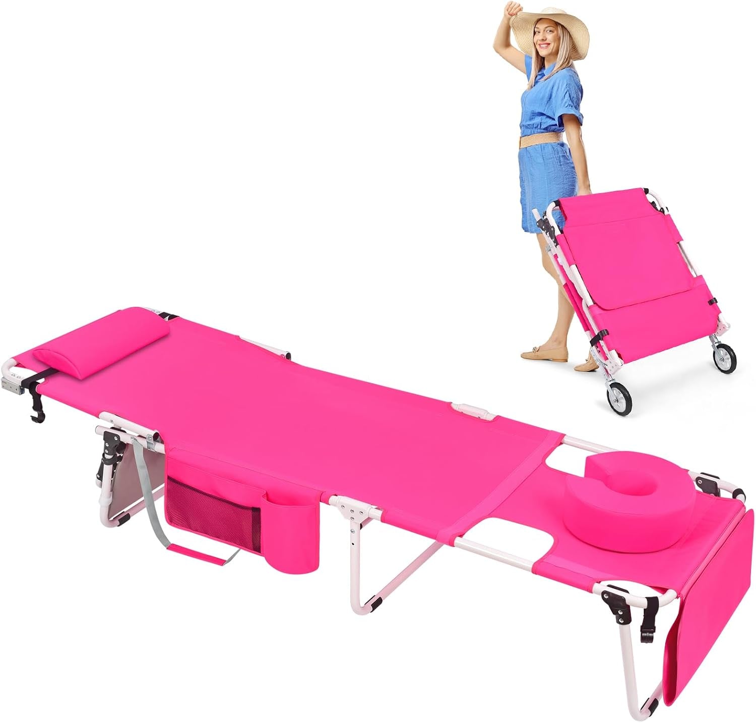 Wheel-To-Go Tanning Chair with Wheels Sun Canopy Umbrella Face Hole Thicker Washable Adjustable, Heavy Duty Folding Lay Flat Sun Lounge Chair Beach outside Sunbathing Reading, UPF 50+ (Patent Design)