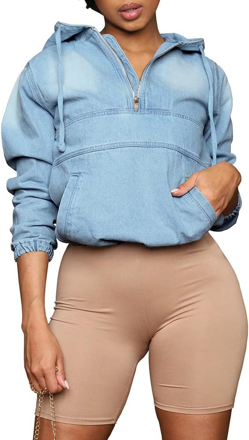 Women'S Half Zip Denim Hoodie Pullover Jackets Jean Tops