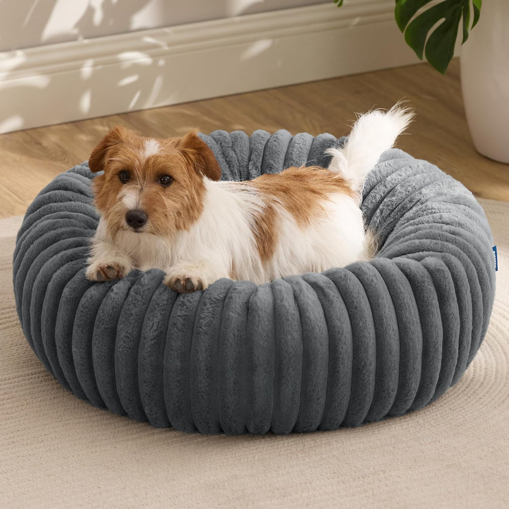 Donut Small Dog Bed - Dog Beds for Small Dogs with Corduroy Fleece & anti Slip Bottom, round Faux Fur Pet Beds with Washable Removable Cover, Cream, 27X27X8 Inches