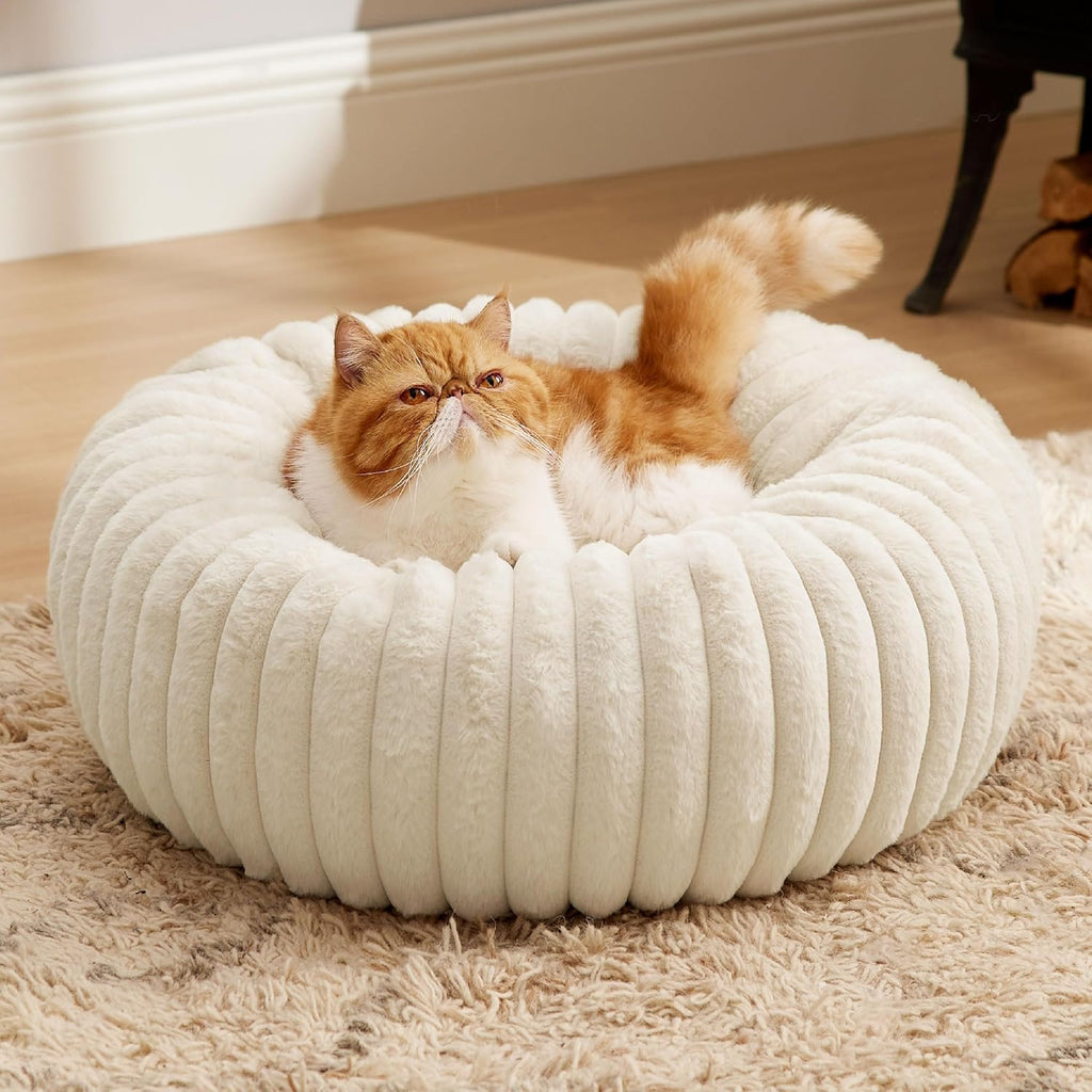 Donut Small Dog Bed - Dog Beds for Small Dogs with Corduroy Fleece & anti Slip Bottom, round Faux Fur Pet Beds with Washable Removable Cover, Cream, 27X27X8 Inches