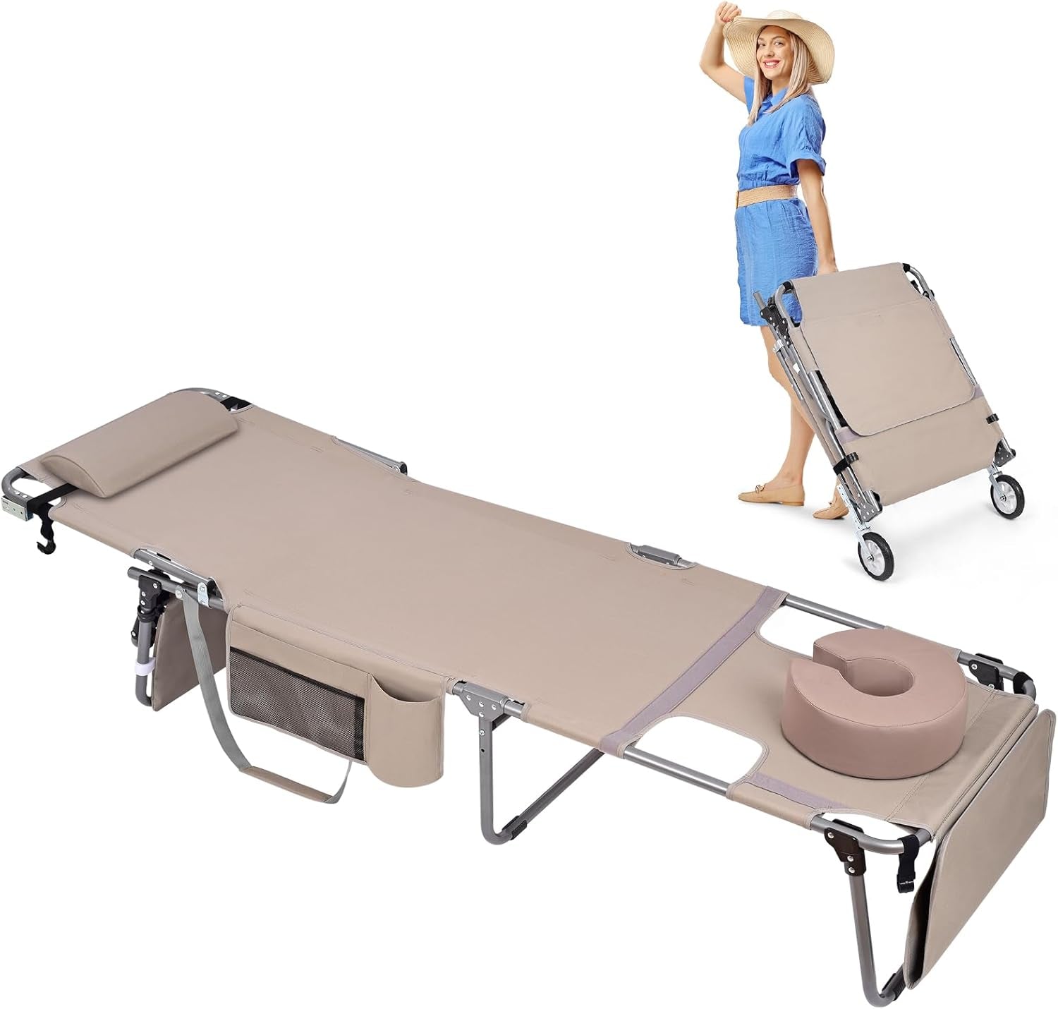 Wheel-To-Go Tanning Chair with Wheels Sun Canopy Umbrella Face Hole Thicker Washable Adjustable, Heavy Duty Folding Lay Flat Sun Lounge Chair Beach outside Sunbathing Reading, UPF 50+ (Patent Design)