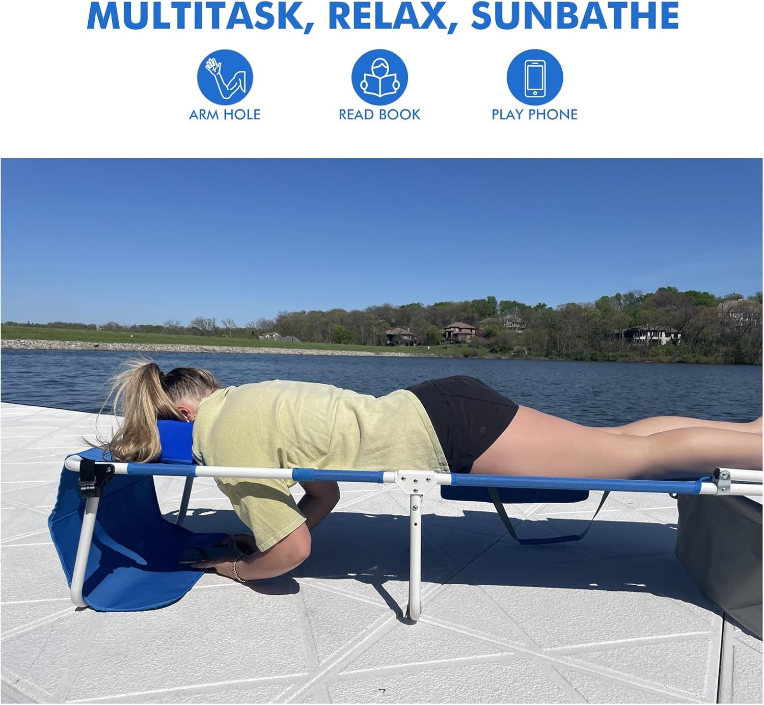 Wheel-To-Go Tanning Chair with Wheels Sun Canopy Umbrella Face Hole Thicker Washable Adjustable, Heavy Duty Folding Lay Flat Sun Lounge Chair Beach outside Sunbathing Reading, UPF 50+ (Patent Design)
