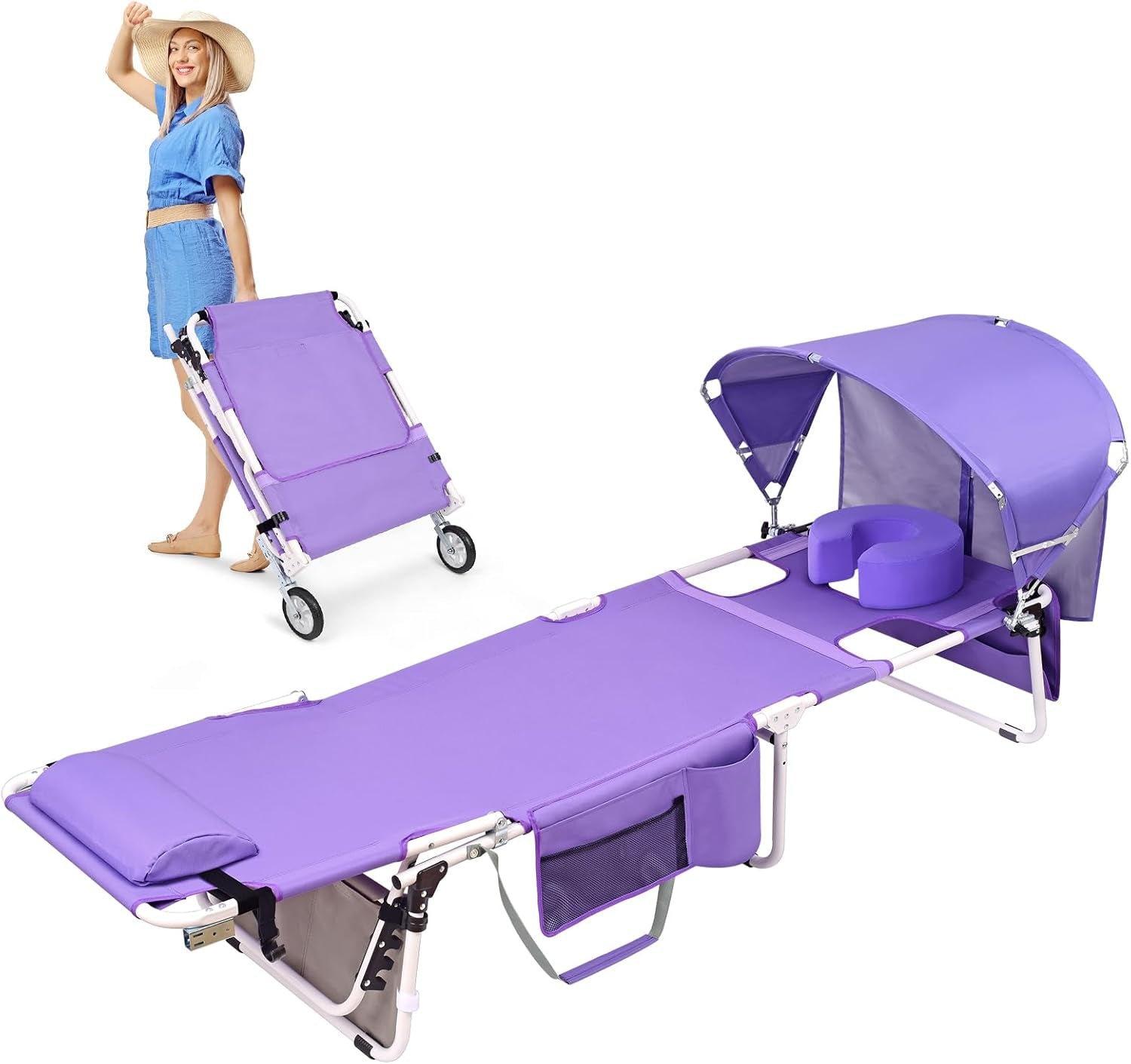 Wheel-To-Go Tanning Chair with Wheels Sun Canopy Umbrella Face Hole Thicker Washable Adjustable, Heavy Duty Folding Lay Flat Sun Lounge Chair Beach outside Sunbathing Reading, UPF 50+ (Patent Design)