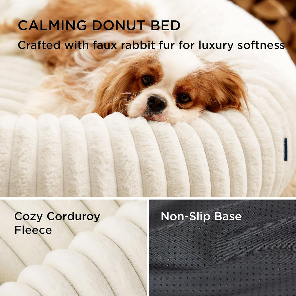 Donut Small Dog Bed - Dog Beds for Small Dogs with Corduroy Fleece & anti Slip Bottom, round Faux Fur Pet Beds with Washable Removable Cover, Cream, 27X27X8 Inches