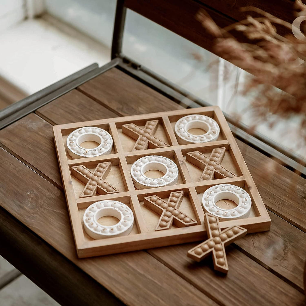 Tic Tac Toe Game Coffee Table Decor, 10.6 Inch Rustic Wooden Board, Black & White