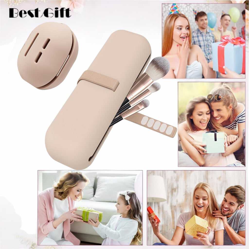 Silicone Makeup Brush Holder Travel Case - No Smell Nylon Strap Closure | Water-Resistant Brush Organizer for Travel Makeup Brushes Storage-Khaki