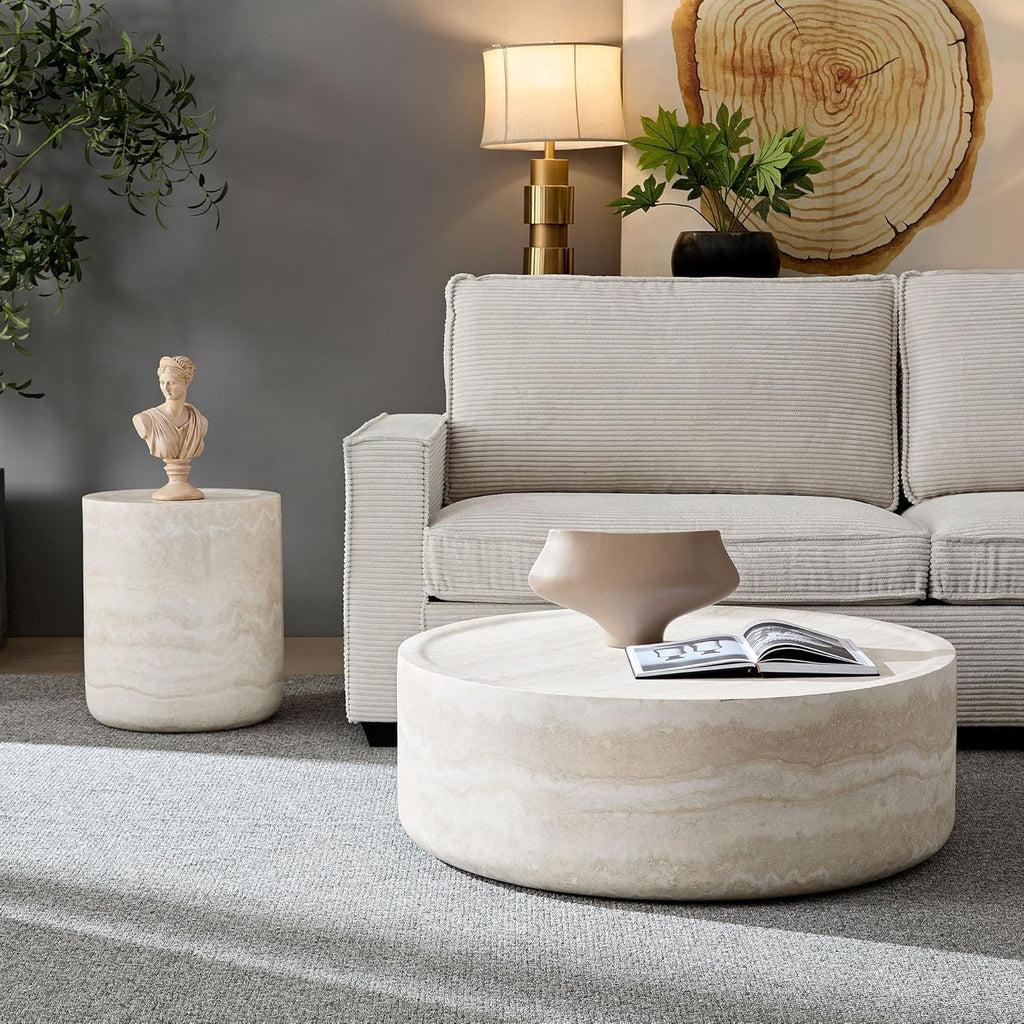 Round Coffee Table Set of 2 for Living Room Modern Drum Center Table Circle Side Tables for Apartment, No Need Assembly (Fiberglass 35.43'' &15.74'')