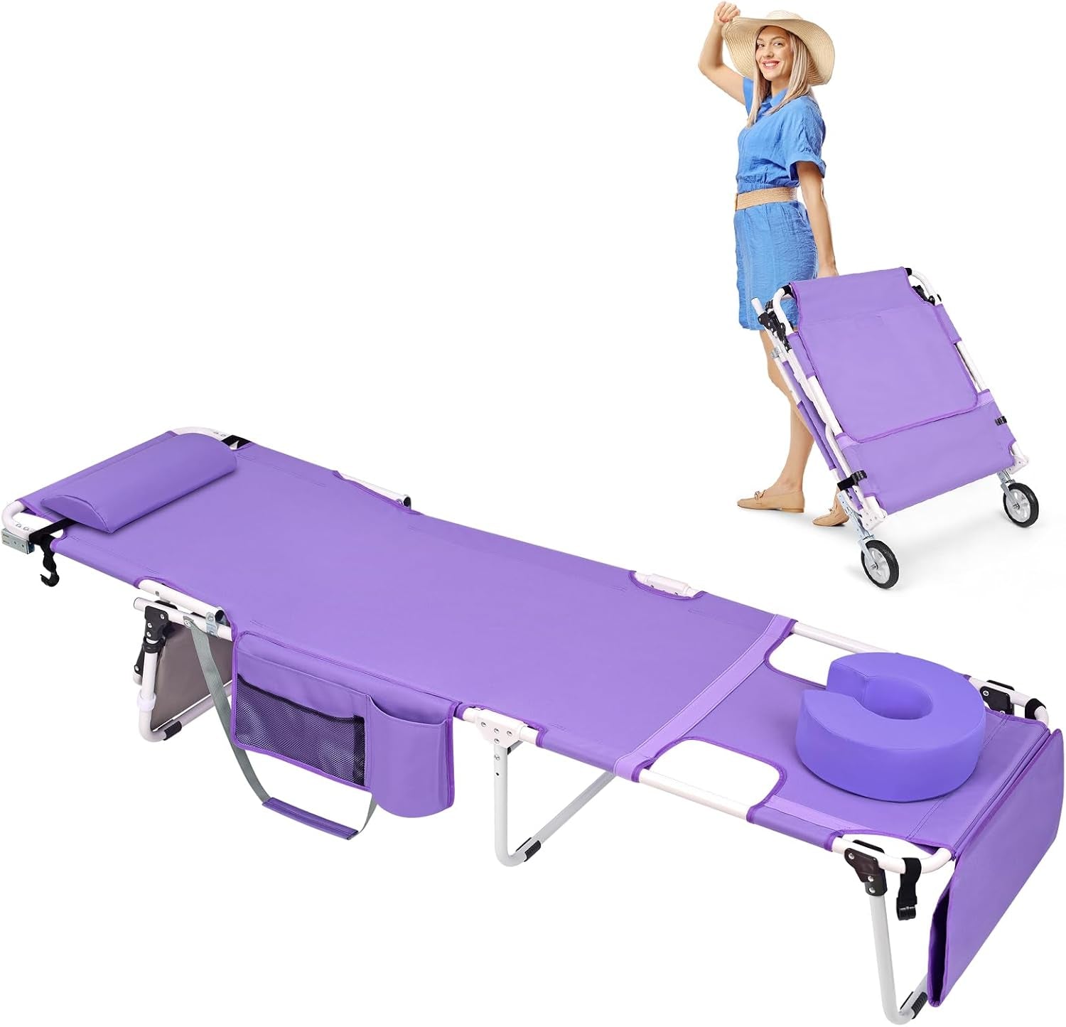 Wheel-To-Go Tanning Chair with Wheels Sun Canopy Umbrella Face Hole Thicker Washable Adjustable, Heavy Duty Folding Lay Flat Sun Lounge Chair Beach outside Sunbathing Reading, UPF 50+ (Patent Design)