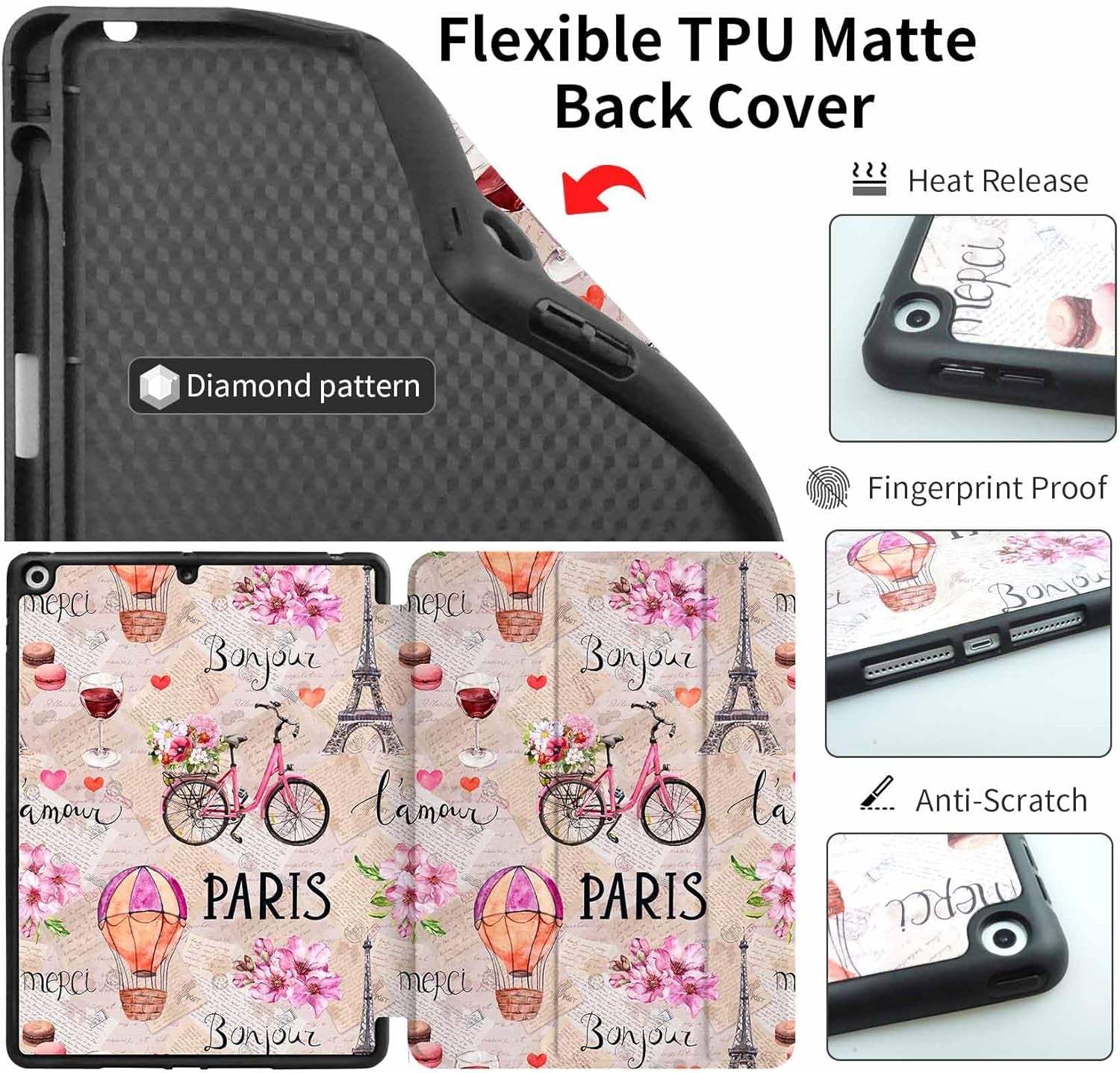 Case for Ipad 9Th/8Th/7Th Generation,Ipad 10.2 Inch Case Smart Folio Ipad 2021/2020/2019 Cover,Trifold Stand,Pencil Holder,Auto Sleep/Wake Up,Cute Aesthetic Designed,Romantic Paris