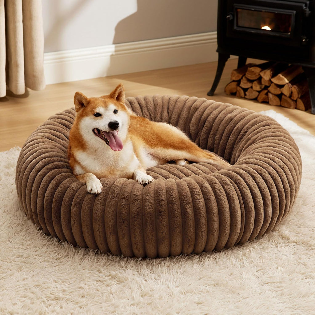 Donut Small Dog Bed - Dog Beds for Small Dogs with Corduroy Fleece & anti Slip Bottom, round Faux Fur Pet Beds with Washable Removable Cover, Cream, 27X27X8 Inches
