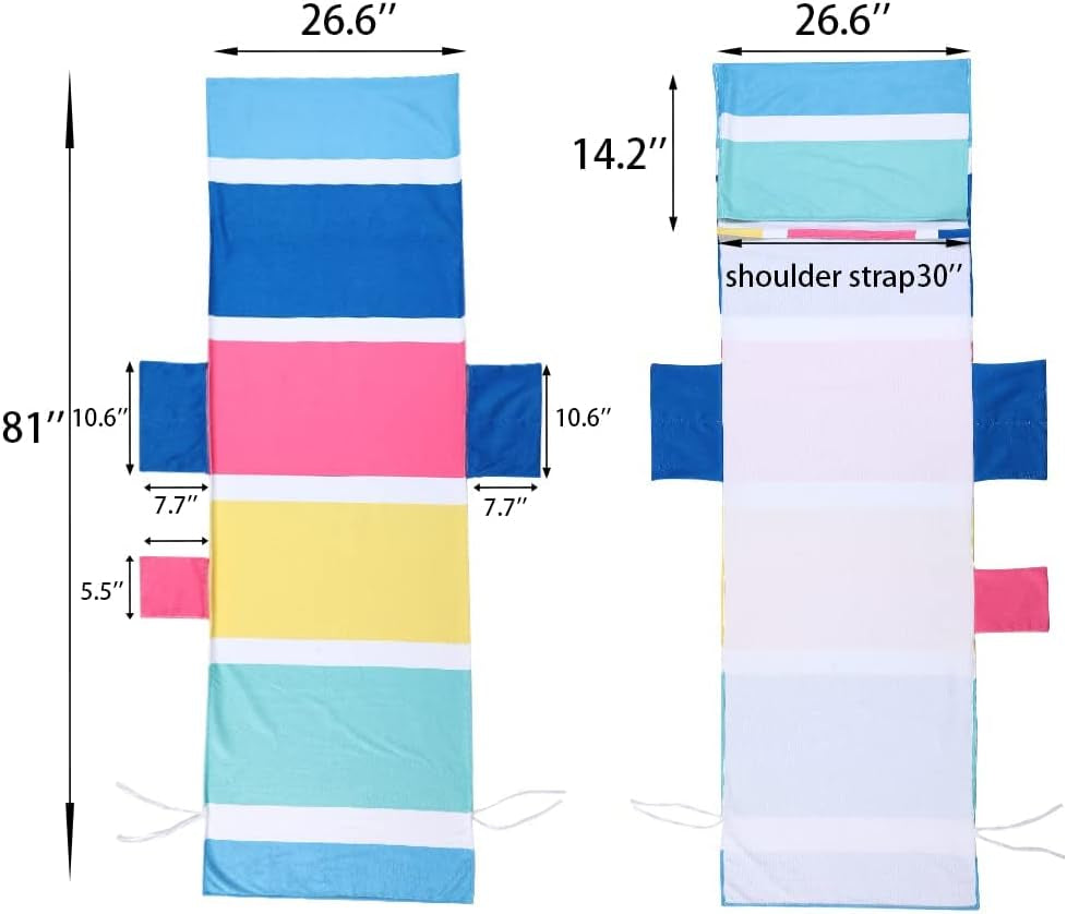 Chaise Lounge Chair Towel Cover with Side Pockets, Soft Microfiber, 80" X 26" Chair Cover for Beach/Pool Sunbathing Holiday, Patio (Stripe)