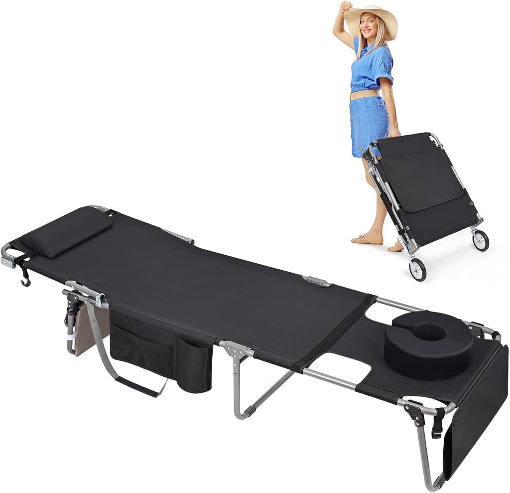 Wheel-To-Go Tanning Chair with Wheels Sun Canopy Umbrella Face Hole Thicker Washable Adjustable, Heavy Duty Folding Lay Flat Sun Lounge Chair Beach outside Sunbathing Reading, UPF 50+ (Patent Design)