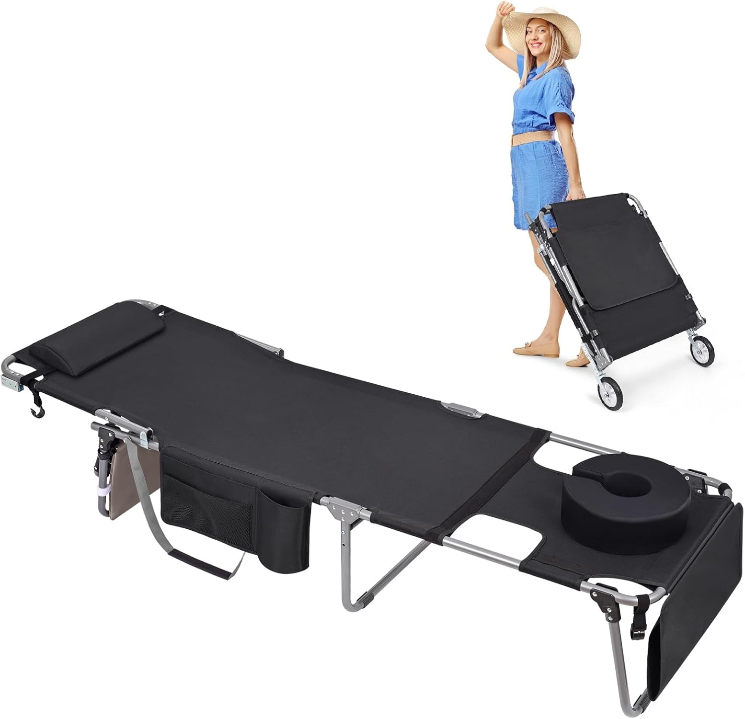 Wheel-To-Go Tanning Chair with Wheels Sun Canopy Umbrella Face Hole Thicker Washable Adjustable, Heavy Duty Folding Lay Flat Sun Lounge Chair Beach outside Sunbathing Reading, UPF 50+ (Patent Design)