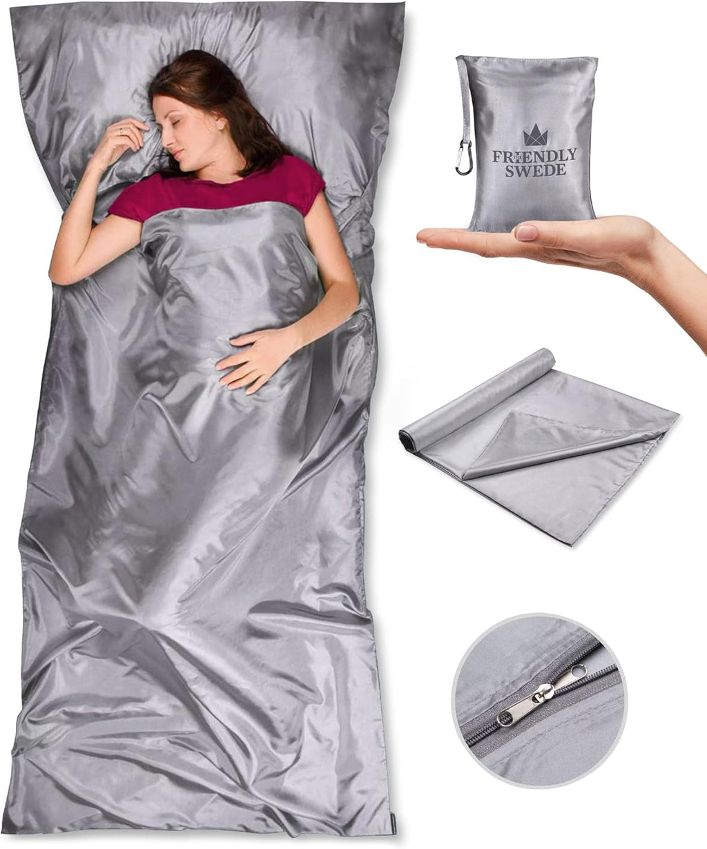 Sleeping Bag Liner Ultralight - Thin Travel Sheets for Hotel W Full Length Zipper; Silky Feel Camping Sheets & Adult Sleep Sack for Backpacking; Travel Sleeping Bag - Grey (Zipper)