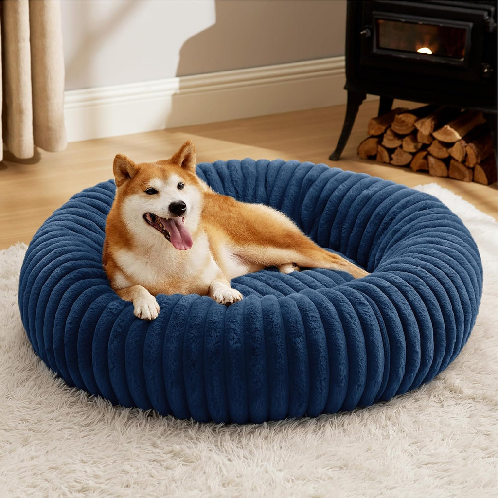 Donut Small Dog Bed - Dog Beds for Small Dogs with Corduroy Fleece & anti Slip Bottom, round Faux Fur Pet Beds with Washable Removable Cover, Cream, 27X27X8 Inches