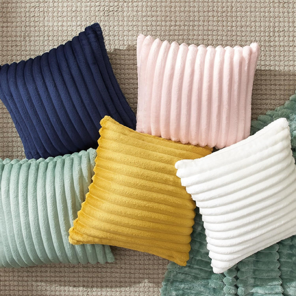 White Throw Pillow Covers 18X18 Set of 2, Soft Decorative Fluffy Striped Sofa Pillow Covers, Home Decor for Living Room Couch Bed