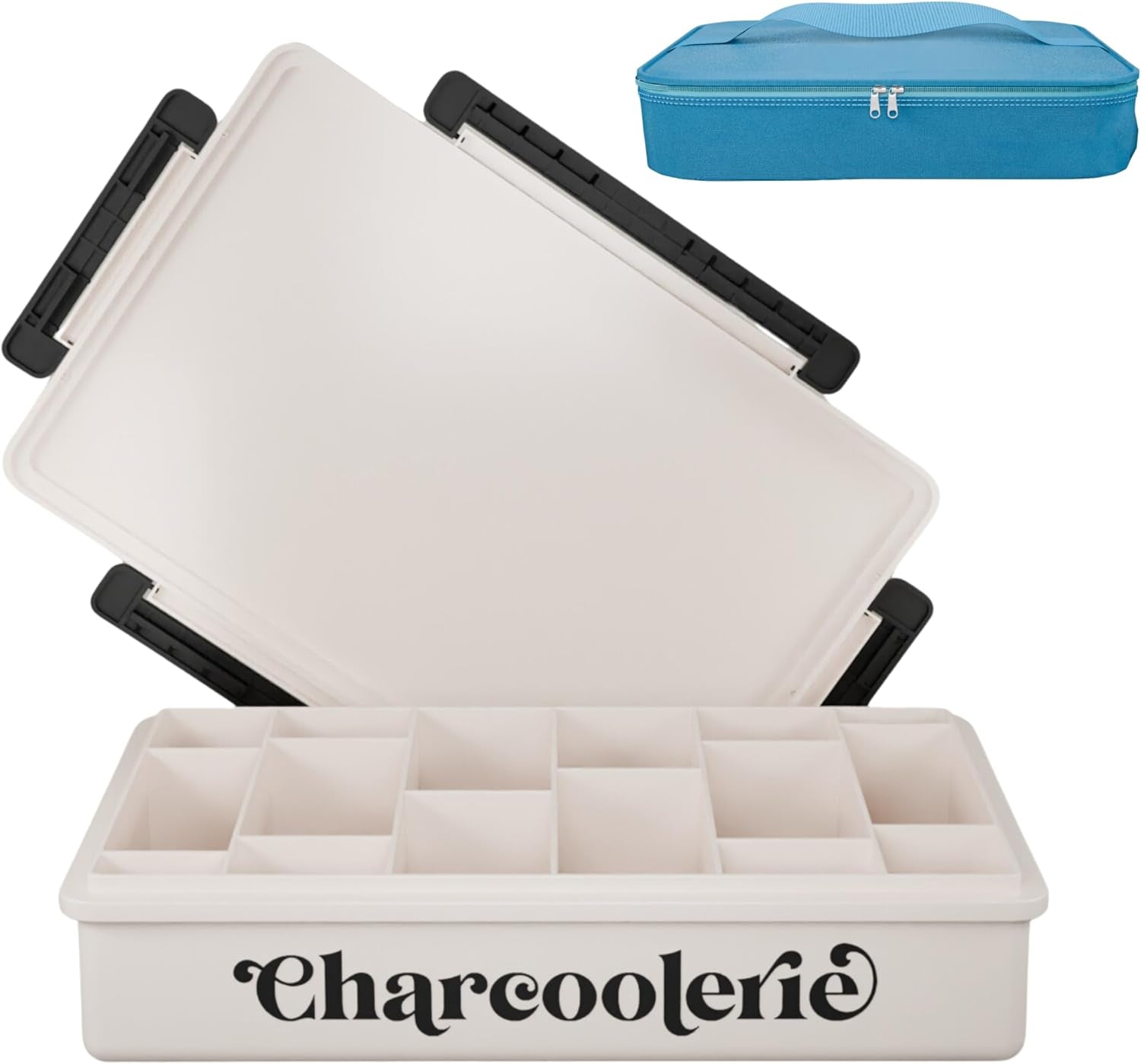 Chilled Portable Travel Charcuterie Snackle Box Container with Locking Lid, Includes Ice Pack, and Bonus Cooler Bag, Picnic Box Serving Tray
