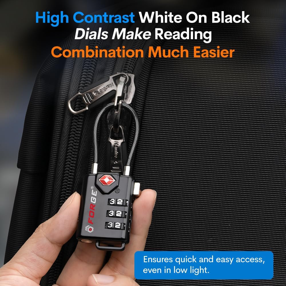 TSA Approved Cable Luggage Locks, Re-Settable Combination with Alloy Body, Black 2 Locks.