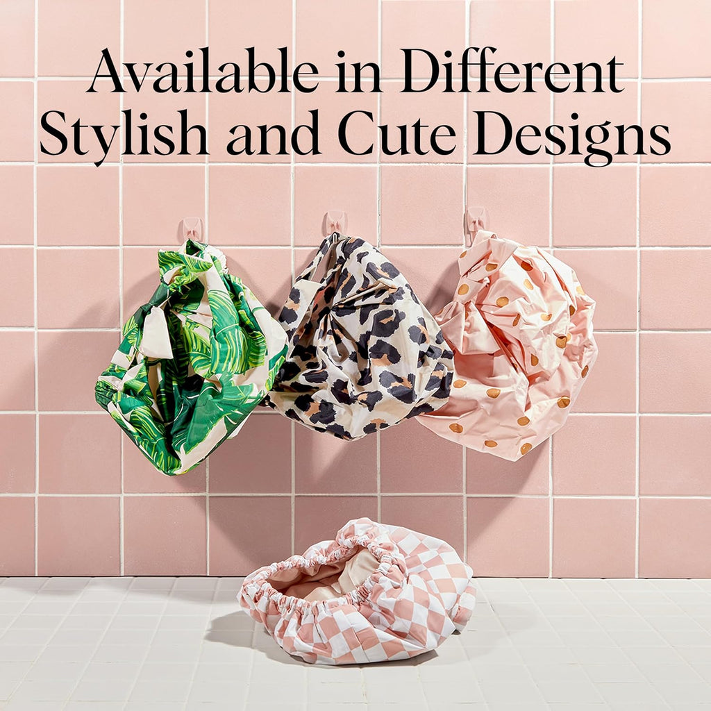 Luxury Shower Caps for Women Reusable Waterproof - Flexi Satin Lined, Large Shower Cap for Men, Non-Slip, Quick-Dry, Adjustable, Stylish Hair Cap for Long & Short Hair - Terracotta Checker
