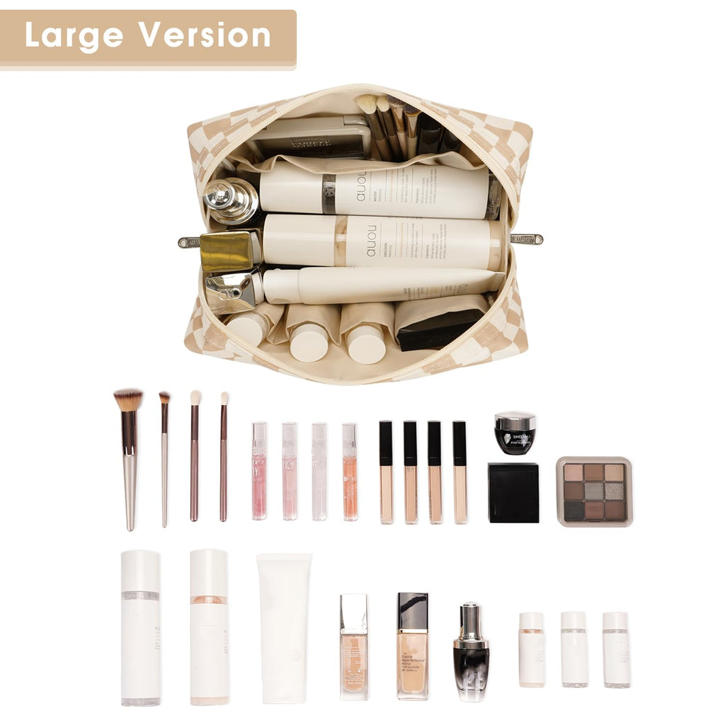 Checkered Makeup Bag Travel Cosmetic Bag Organizer Toiletry Bag Make up Bags with Compartments for Women Girls (Large, Light Checkerboard)