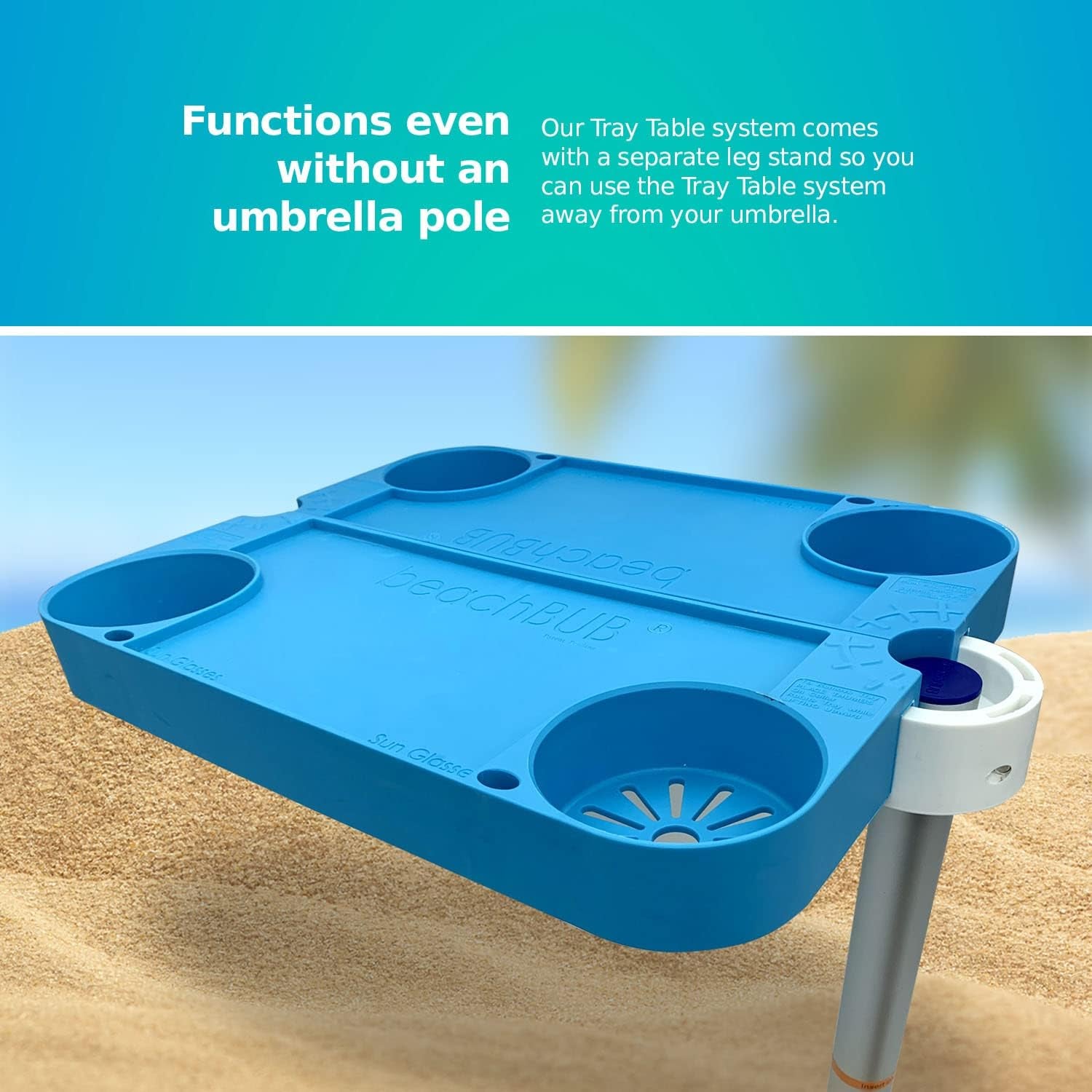 Tray Table System with 4 Cup Holders - Beach Trip Must Have for Vacation - Easy Clip on & Clip off Umbrella