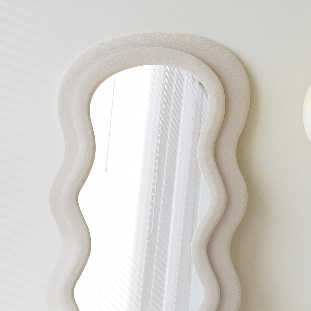 Full Length Mirror, 63" X 24"Irregular Wavy Mirror, Large Floor Length Mirrors Wall Mounted, Standing Wavy Mirrors with Flannel Wrapped Wooden Frame for Bedroom/Living Room, White