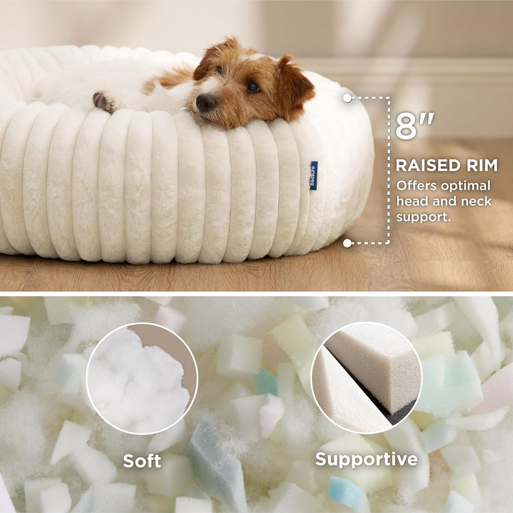 Donut Small Dog Bed - Dog Beds for Small Dogs with Corduroy Fleece & anti Slip Bottom, round Faux Fur Pet Beds with Washable Removable Cover, Cream, 27X27X8 Inches