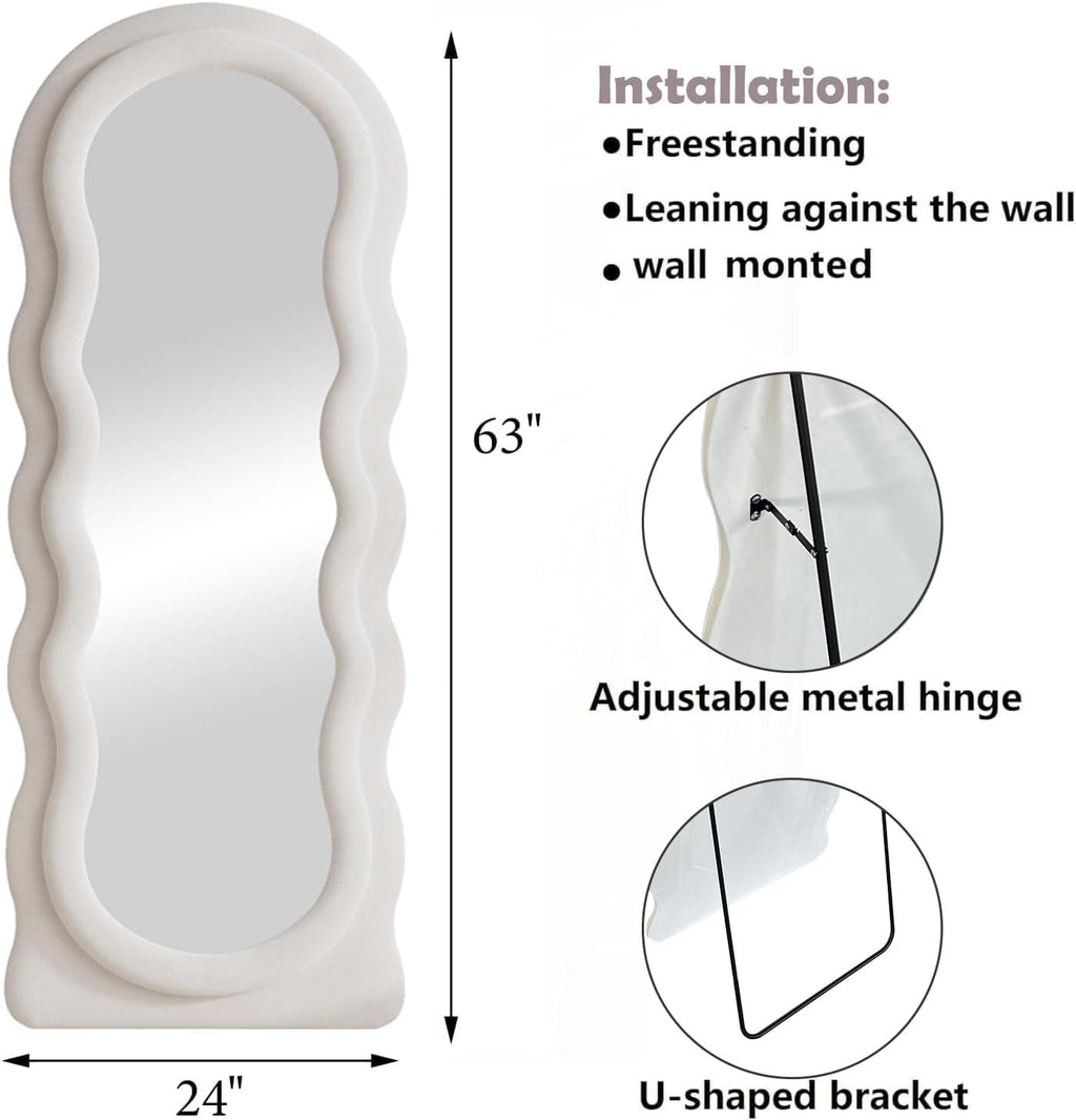 Full Length Mirror, 63" X 24"Irregular Wavy Mirror, Large Floor Length Mirrors Wall Mounted, Standing Wavy Mirrors with Flannel Wrapped Wooden Frame for Bedroom/Living Room, White