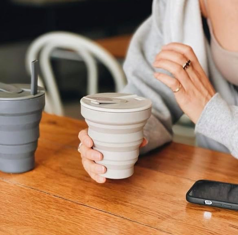 Collapsible Coffee Cup with Lid - Reusable & Microwave Safe Silicone Collapsible Cup, Foldable Cup, Portable Coffee Travel Mug/Camping Cup (12OZ, Warm Grey)*Straw Sold Separately*