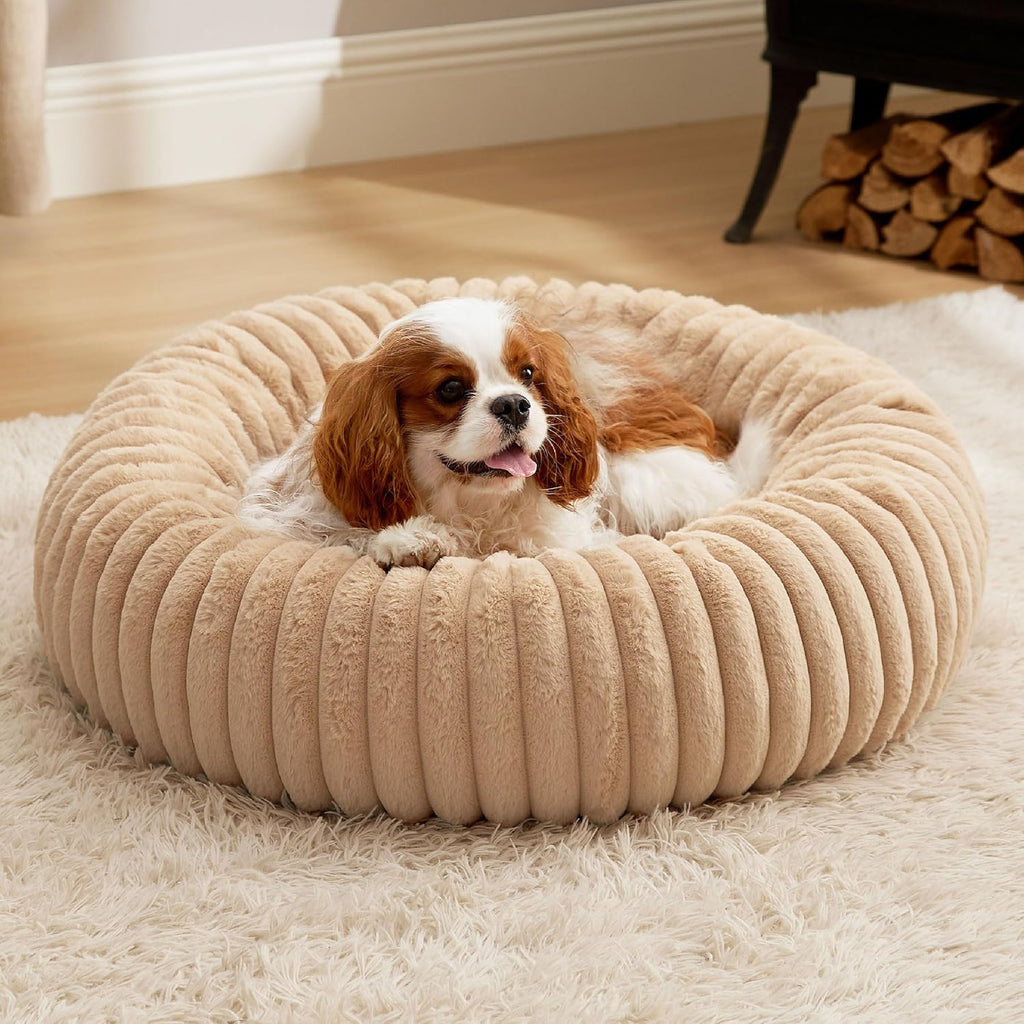 Donut Small Dog Bed - Dog Beds for Small Dogs with Corduroy Fleece & anti Slip Bottom, round Faux Fur Pet Beds with Washable Removable Cover, Cream, 27X27X8 Inches