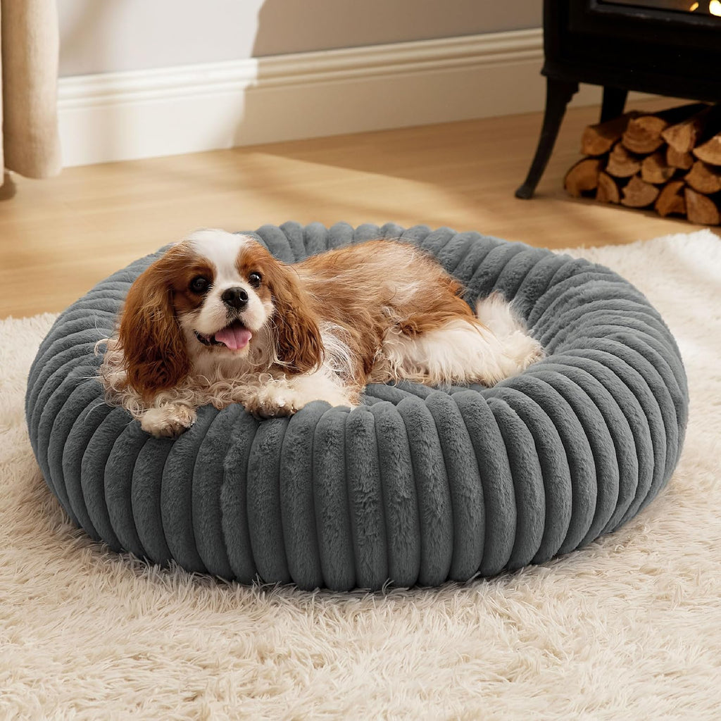 Donut Small Dog Bed - Dog Beds for Small Dogs with Corduroy Fleece & anti Slip Bottom, round Faux Fur Pet Beds with Washable Removable Cover, Cream, 27X27X8 Inches