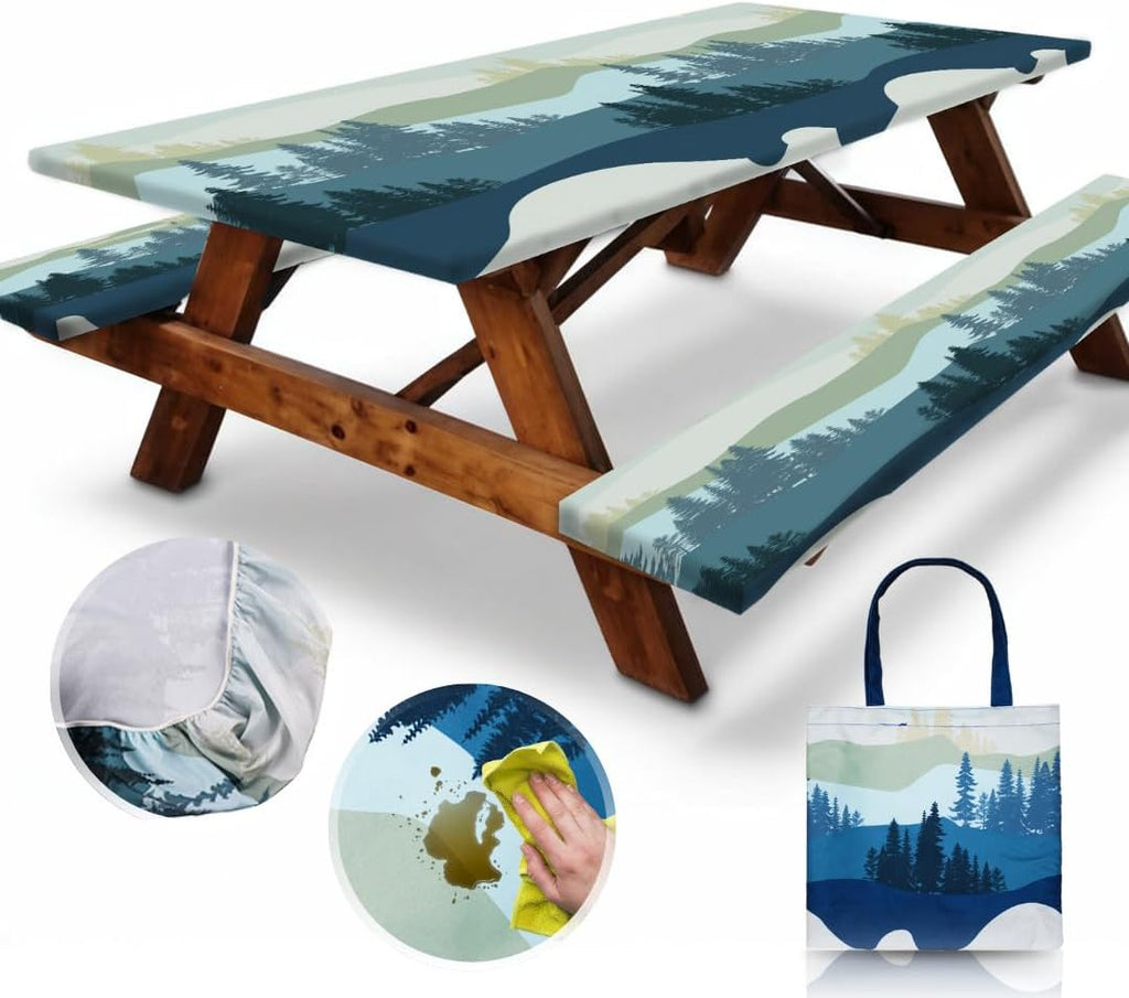 6Ft Polyester Picnic Table Cover with Bench Covers Windproof & Waterproof Tablecloth, Perfect for Camping Gifts & RV Essentials, Cool Camping Gadgets, with Carrying Bag, 72X30 Inches, 4Pcs