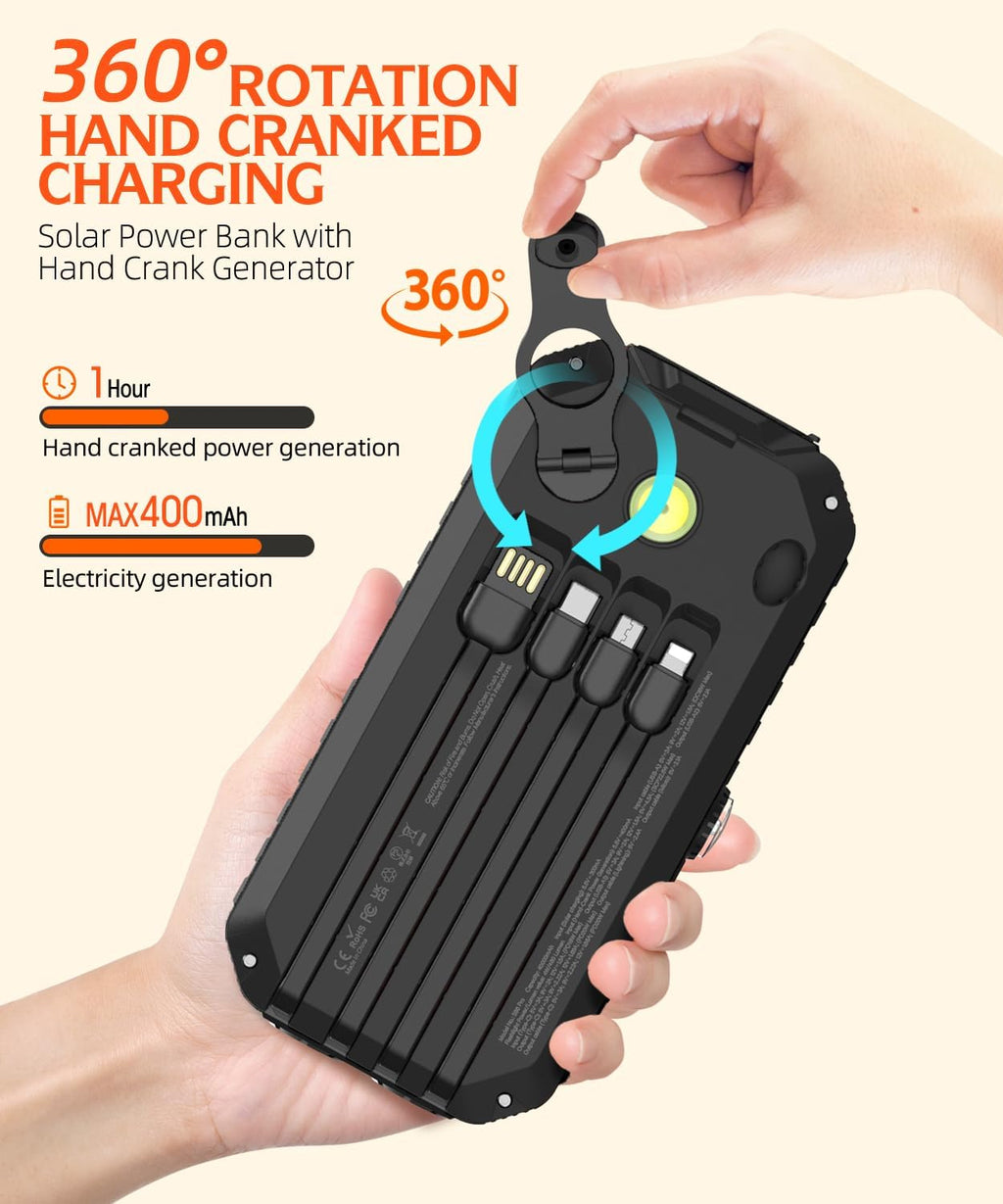 Solar Charger Power Bank 40000Mah Built in 4 Cables and Hand Crank, Portable Charger 22.5W Fast Charger 6 Outputs & 4 Inputs External Battery Pack with Bright Flashlight and Compass