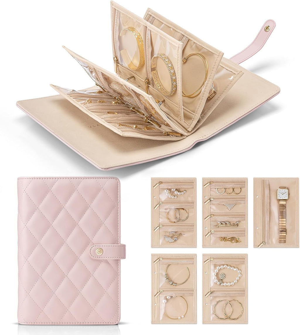 Mothers Day Gifts,Travel Jewelry Organizer Case,Jewelry Storage Book Ring Binder with Clear Zipper Velvet Jewelry Pouches Bags for Rings,Necklace,Earrings-Cream White
