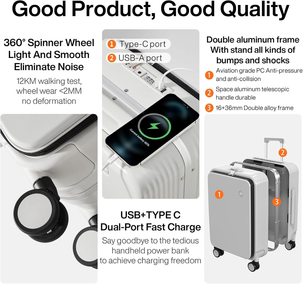 Carry on Luggage with Cup Phone Holder and Charger Hard Shell Suitcases with Spinner Wheels, 20 Inch Smoke White