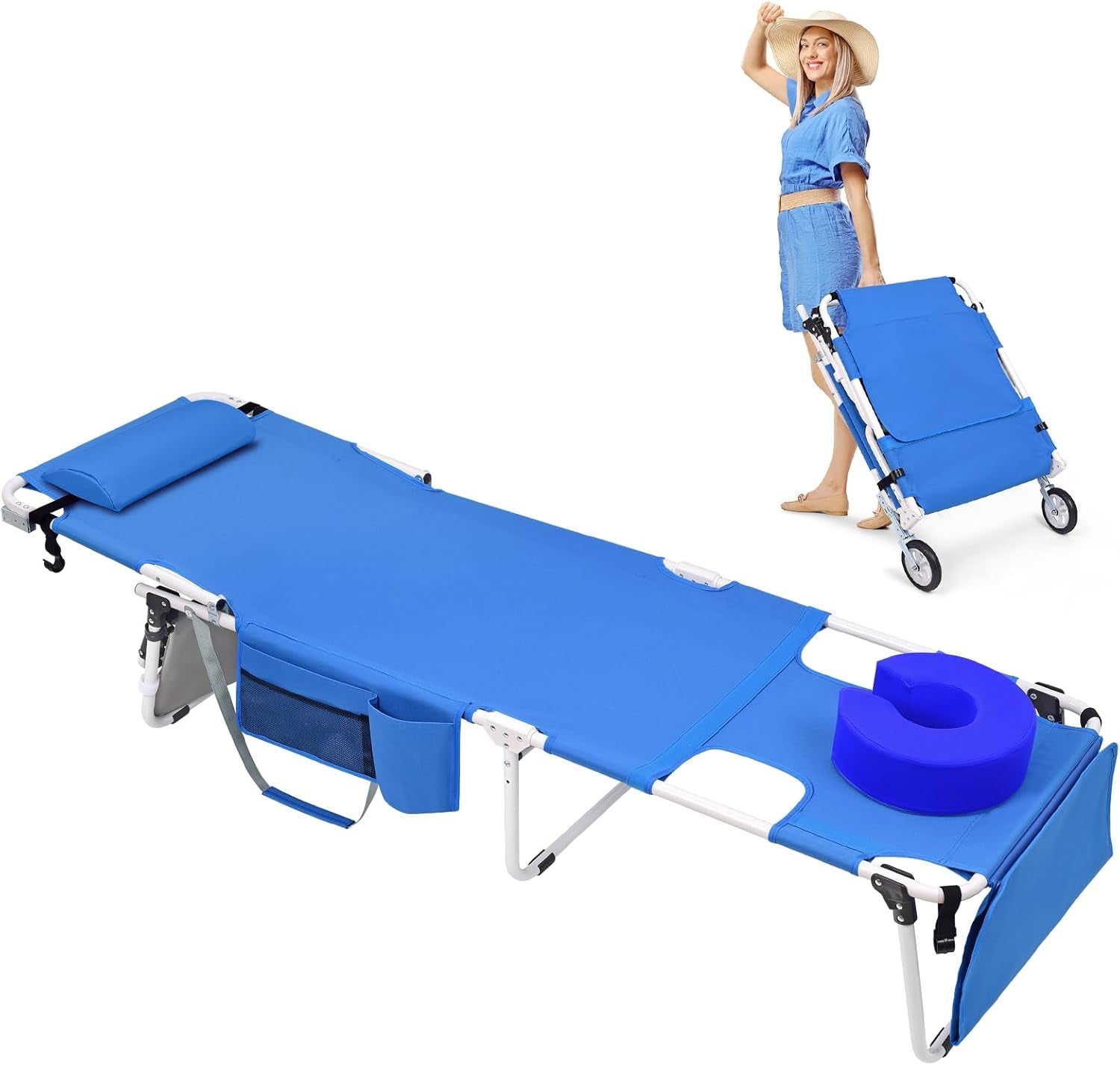 Wheel-To-Go Tanning Chair with Wheels Sun Canopy Umbrella Face Hole Thicker Washable Adjustable, Heavy Duty Folding Lay Flat Sun Lounge Chair Beach outside Sunbathing Reading, UPF 50+ (Patent Design)