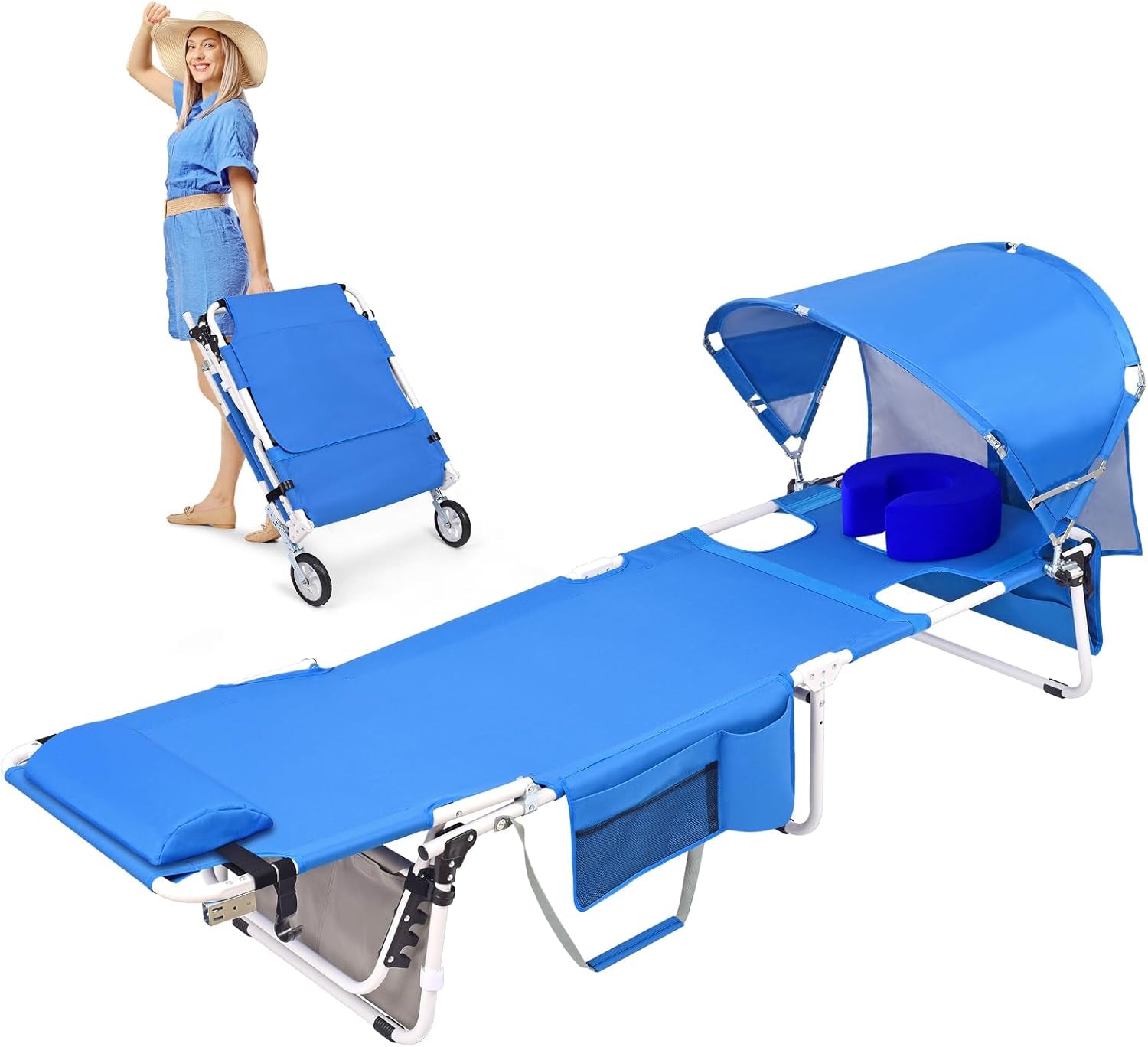 Wheel-To-Go Tanning Chair with Wheels Sun Canopy Umbrella Face Hole Thicker Washable Adjustable, Heavy Duty Folding Lay Flat Sun Lounge Chair Beach outside Sunbathing Reading, UPF 50+ (Patent Design)