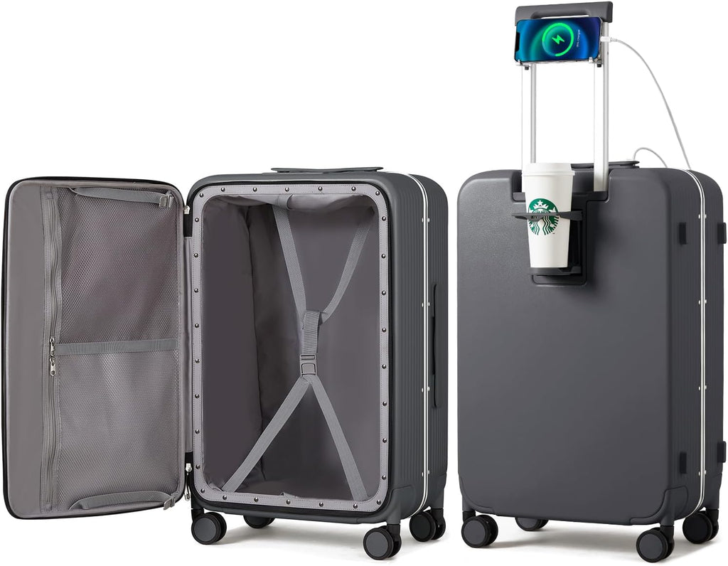 Carry on Luggage with Cup Phone Holder and Charger Hard Shell Suitcases with Spinner Wheels, 20 Inch Smoke White