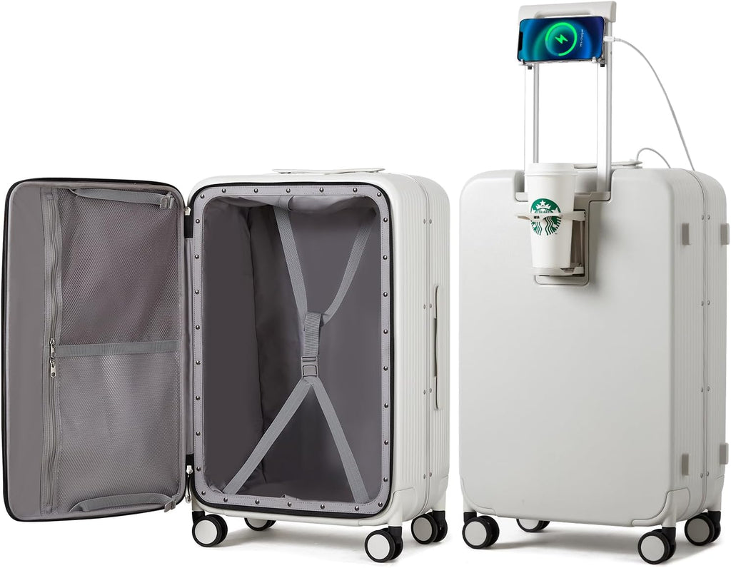 Carry on Luggage with Cup Phone Holder and Charger Hard Shell Suitcases with Spinner Wheels, 20 Inch Smoke White