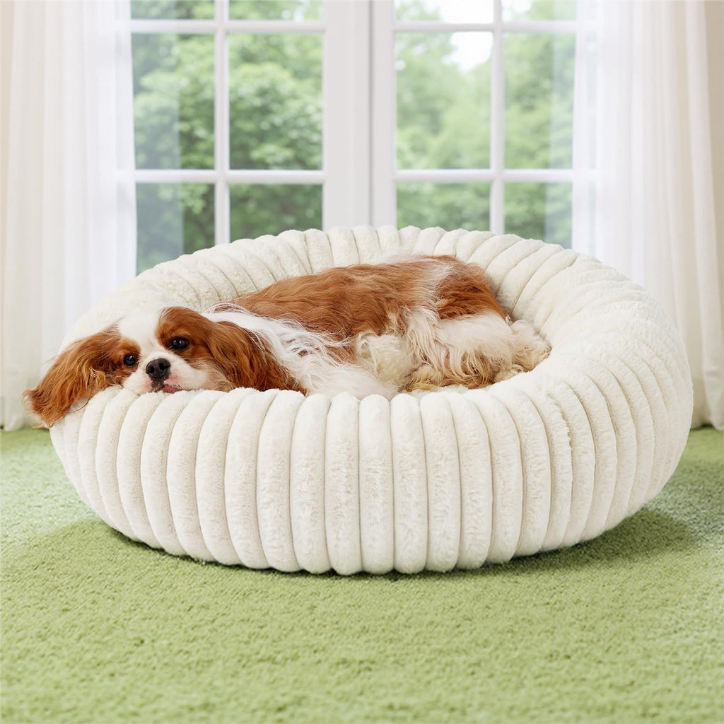 Donut Small Dog Bed - Dog Beds for Small Dogs with Corduroy Fleece & anti Slip Bottom, round Faux Fur Pet Beds with Washable Removable Cover, Cream, 27X27X8 Inches