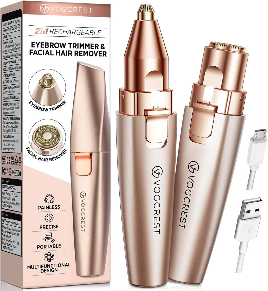 Eyebrow Facial Trimmer: 2 In1 Rechargeable Facial Hair Removal and Eyebrow Shaver - Face Lips Body Painless Facial Razor with Built-In LED Light (White)